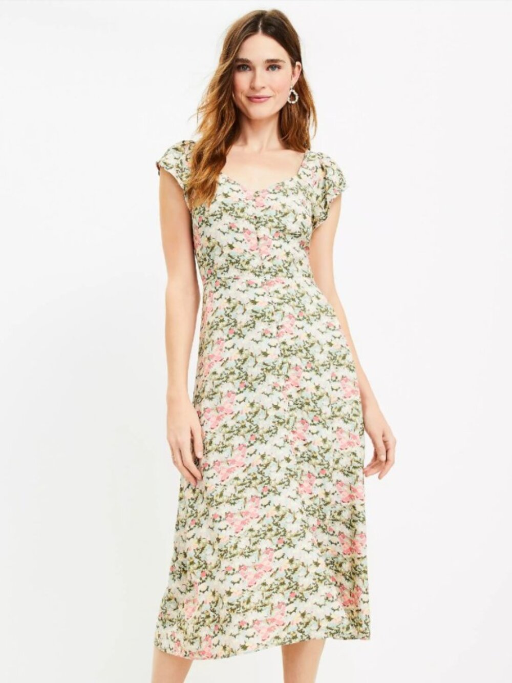Floral Cap Sleeve Midi Dress – Sweetheart Neckline, A-Line – Romantic Spring/Sum - Picture 1 of 4